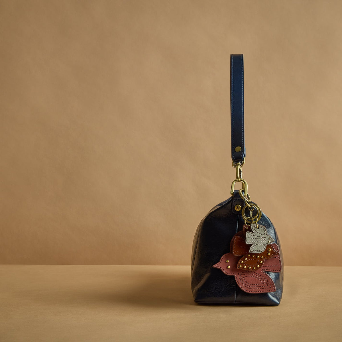 Triple Bird Key Fob In Polished Leather - Rosewood