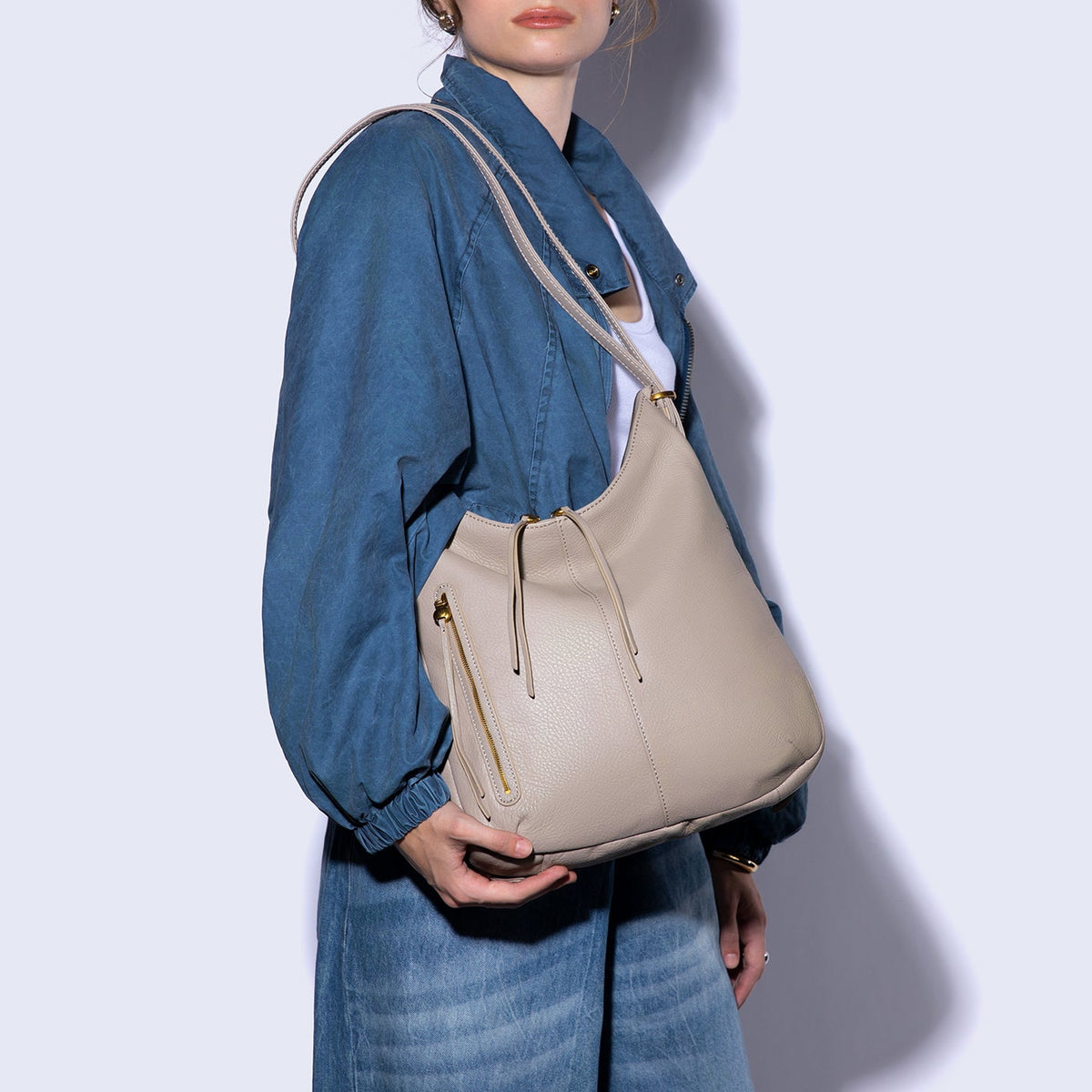 Merrin Convertible Backpack in Pebbled Leather - Taupe