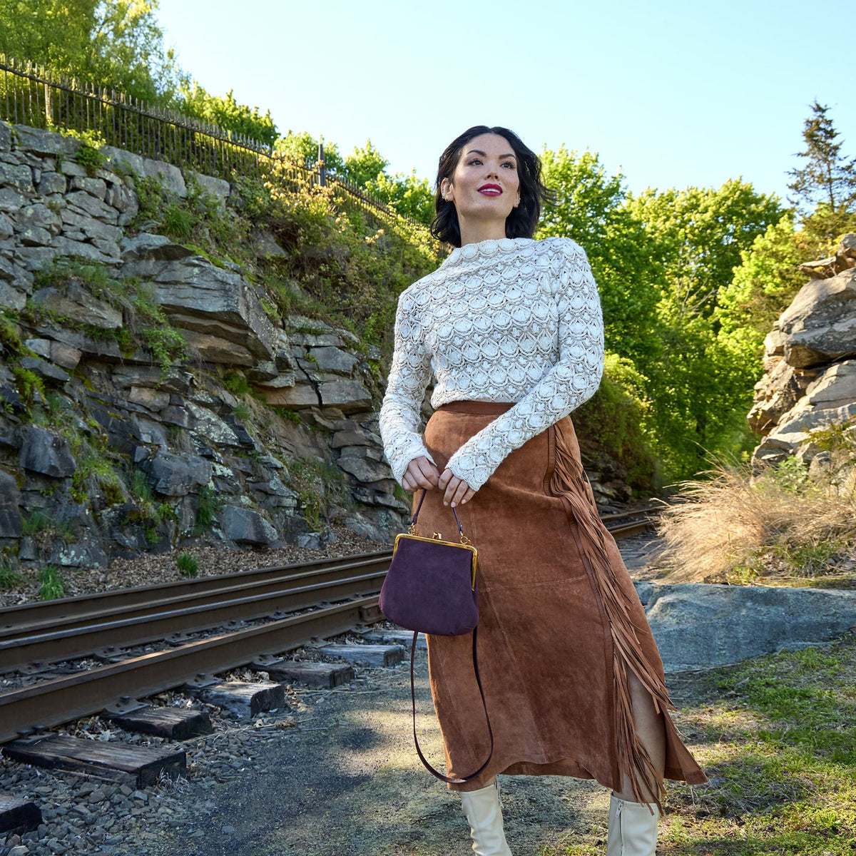 Alba Frame Crossbody In Suede Leather - Dark Cherry
