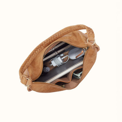 Mia Crescent Large Hobo In Buffed Leather - Whiskey