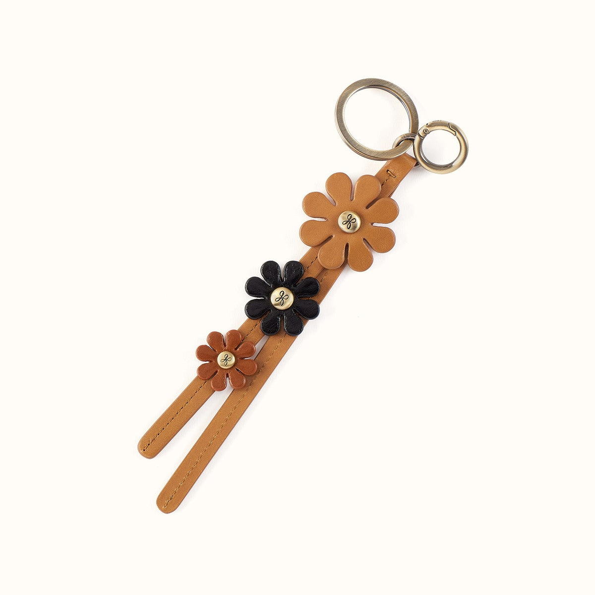 Triflower Keychain In Polished Leather - Natural