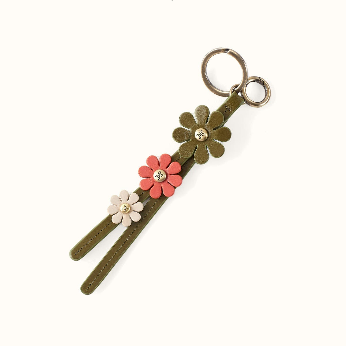 Triflower Keychain In Polished Leather - Olive Veil