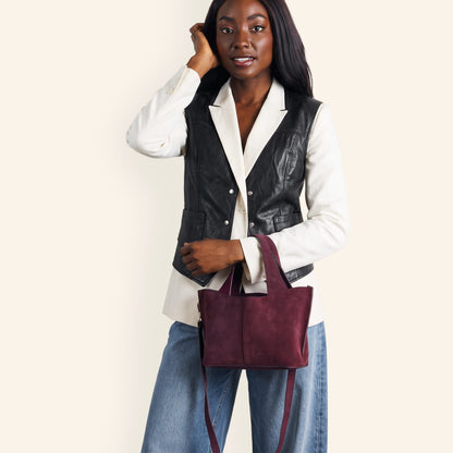 Vida Small Tote In Suede Leather - Port