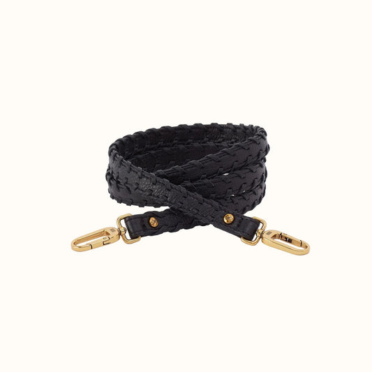 Thin Braided Strap In Pebbled Leather - Black