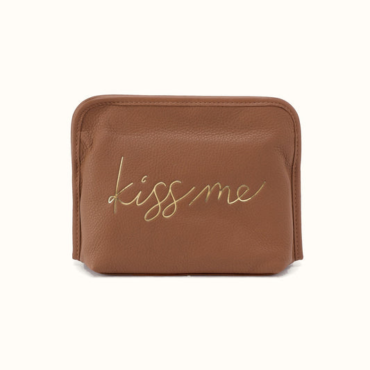 Beauty Cosmetic Pouch in Pebbled Leather - Timber Brown