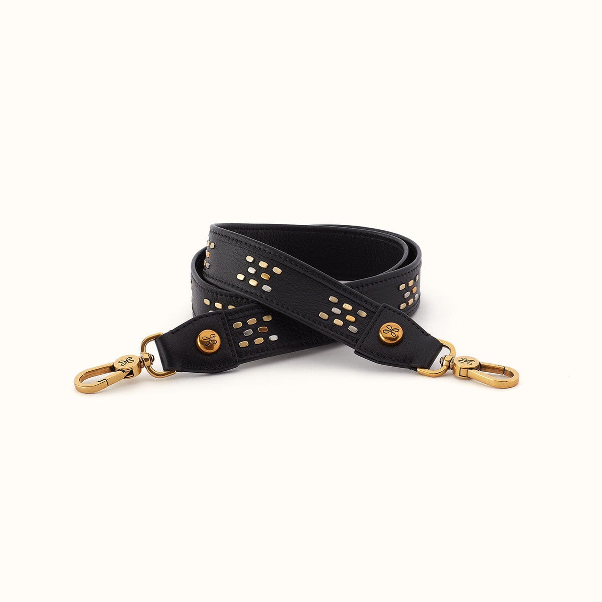 Flat Stud Guitar Strap In Polished Leather - Black