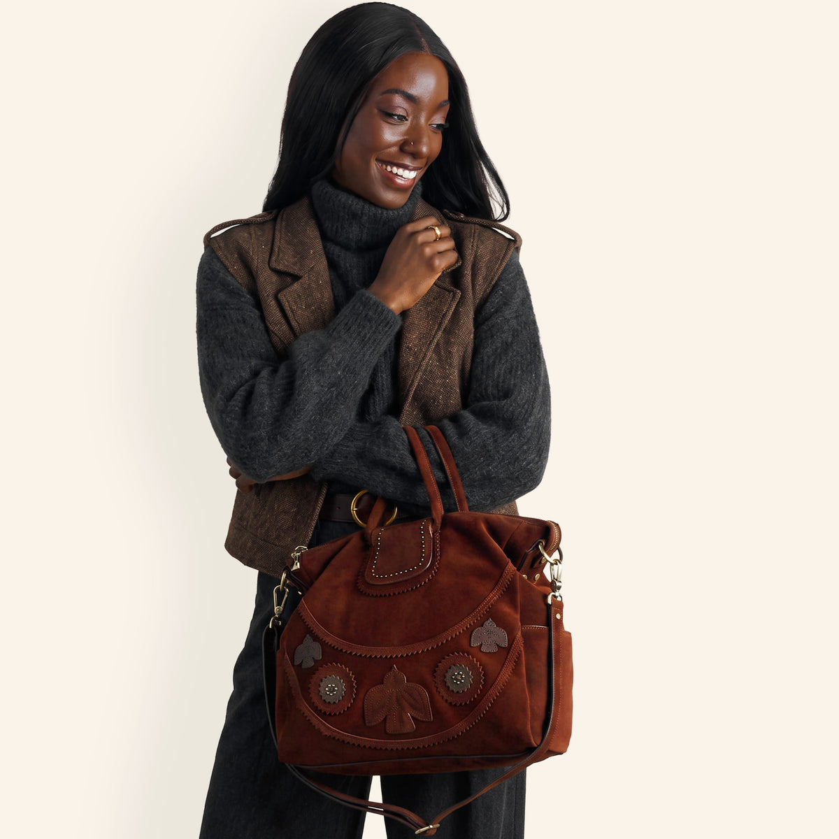 Sheila Large Satchel In Suede Leather - Chocolate