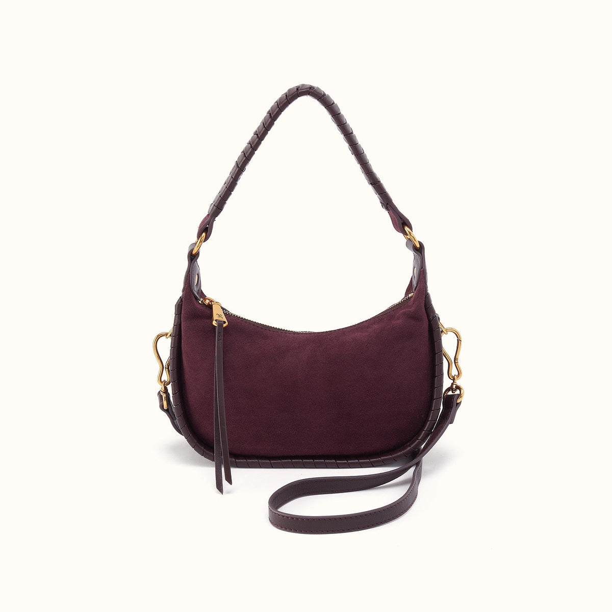 Mia Crescent Small Hobo In Suede Leather - Dark Cherry