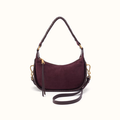 Mia Crescent Small Hobo In Suede Leather - Dark Cherry