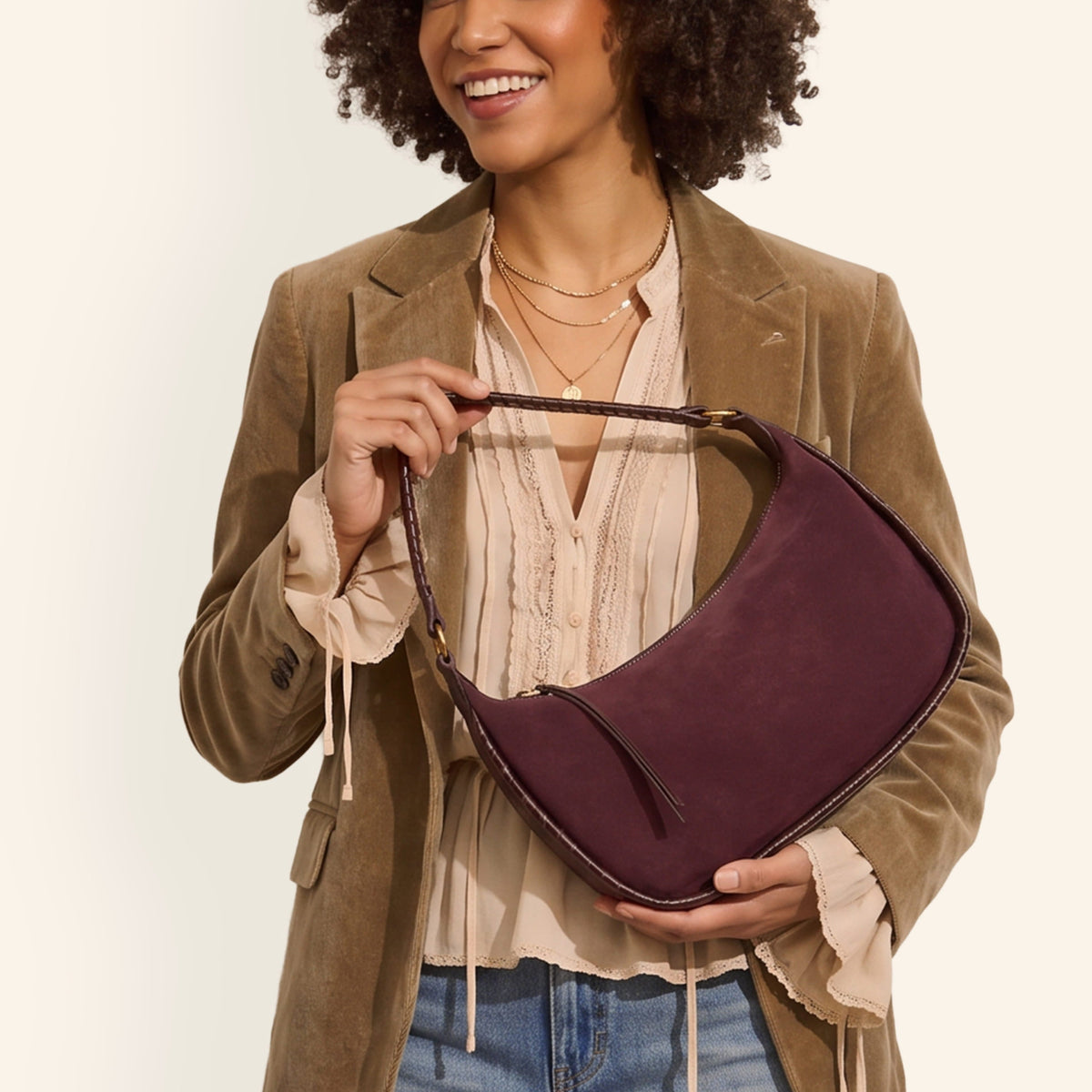 Mia Crescent Hobo In Suede Leather - Dark Cherry