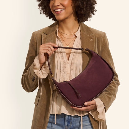 Mia Crescent Hobo In Suede Leather - Dark Cherry