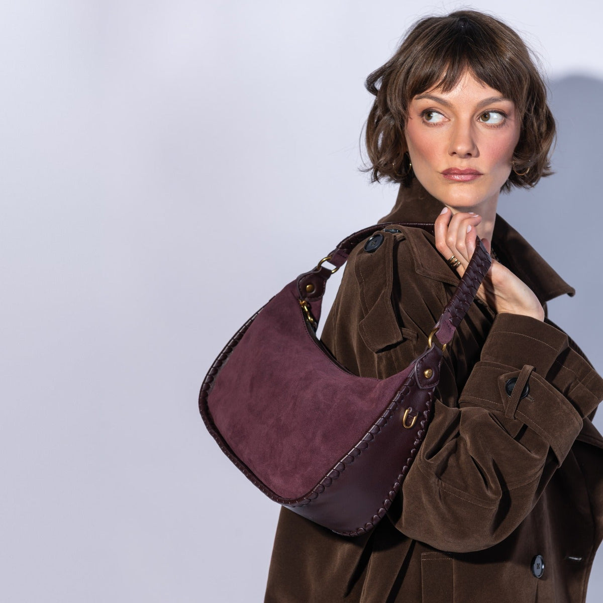 Mia Crescent Hobo In Suede Leather - Dark Cherry