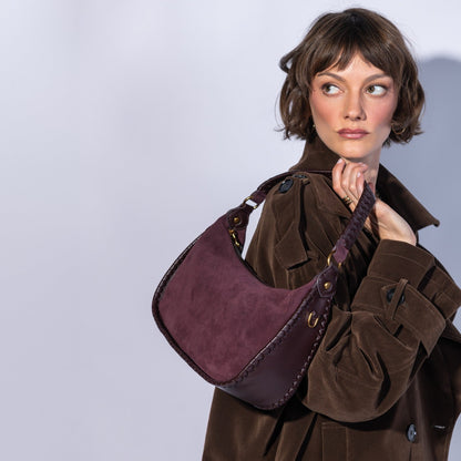 Mia Crescent Hobo In Suede Leather - Dark Cherry