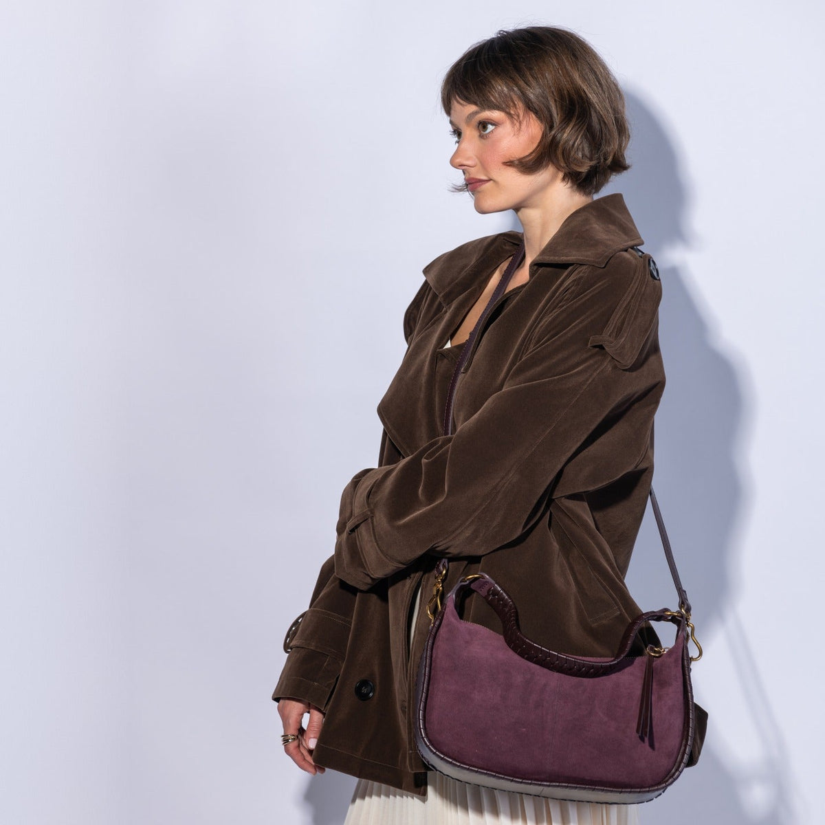 Mia Crescent Hobo In Suede Leather - Dark Cherry