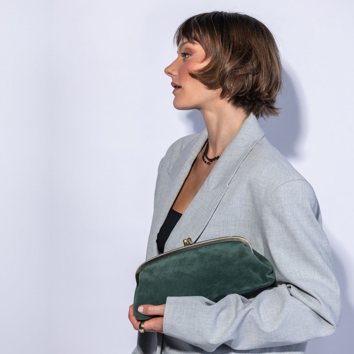 Alba Frame Small Shoulder in Suede Leather - Pine Needle