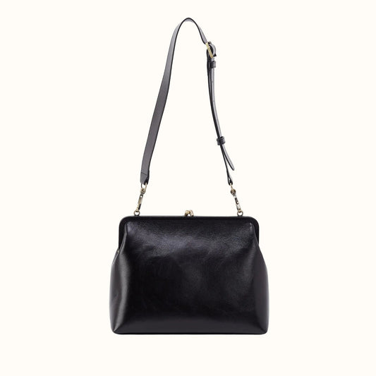 Alba Large With Single Strap In Polished Leather - Black