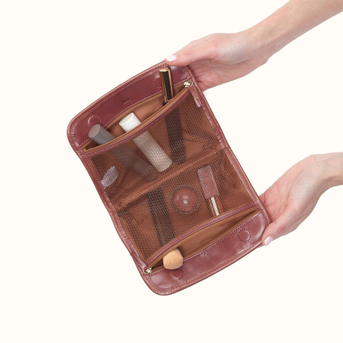 Beauty Cosmetic Pouch In Polished Leather - Rosewood