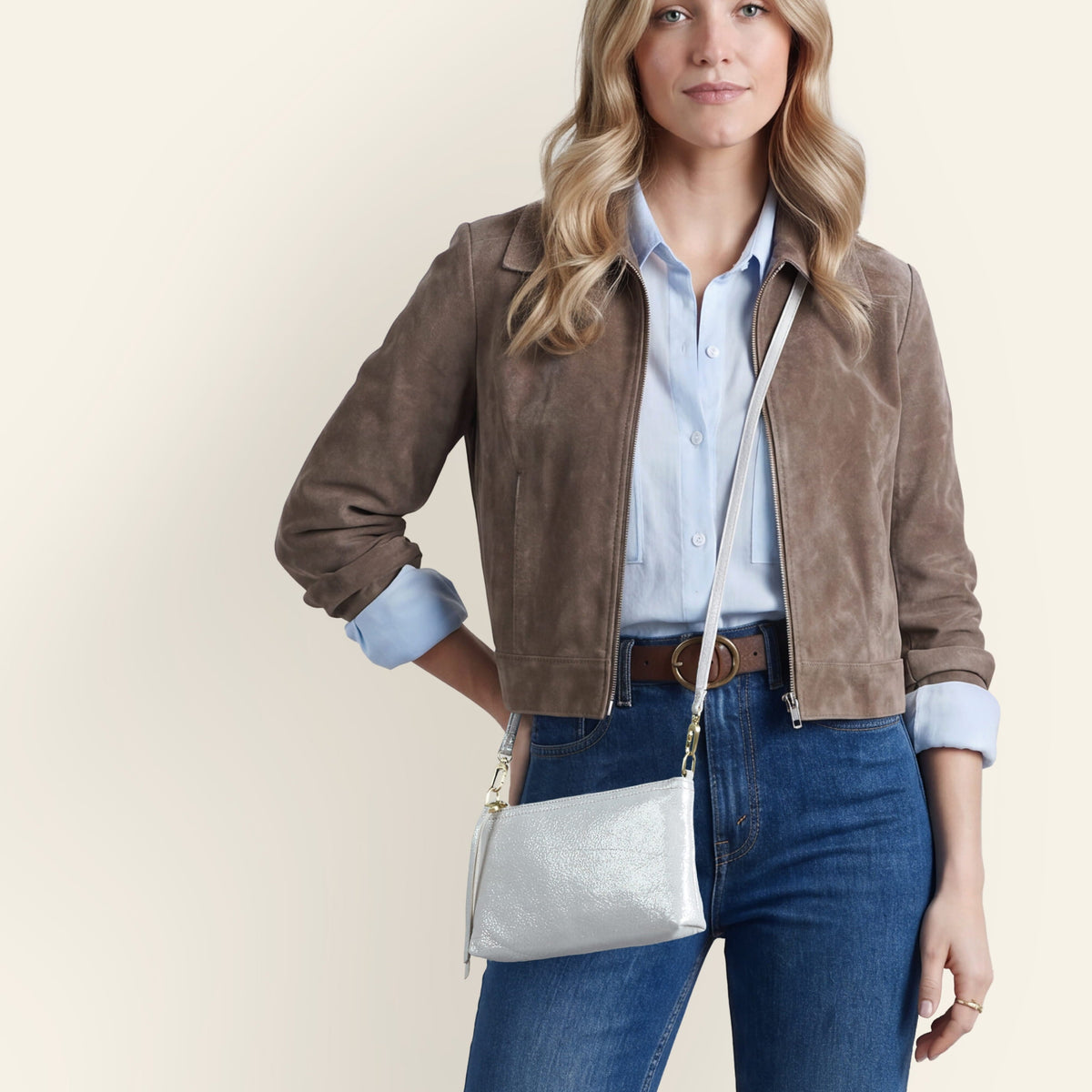 Darcy Crossbody In Metallic Leather - Sand Shimmer