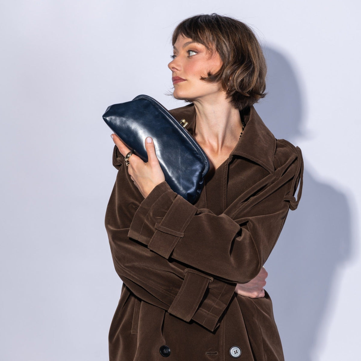 Alba Frame Small Shoulder in Polished Leather - Ink Navy