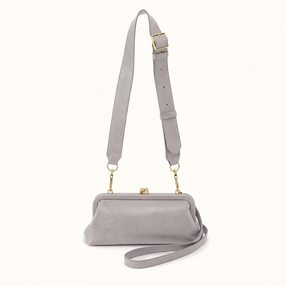 Alba Frame Small Shoulder Bag in Polished Leather - Light Grey