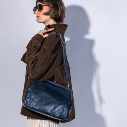Alba Frame Large Shoulder in Polished Leather - Ink Navy