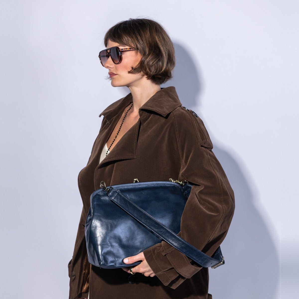 Alba Frame Large Shoulder in Polished Leather - Ink Navy