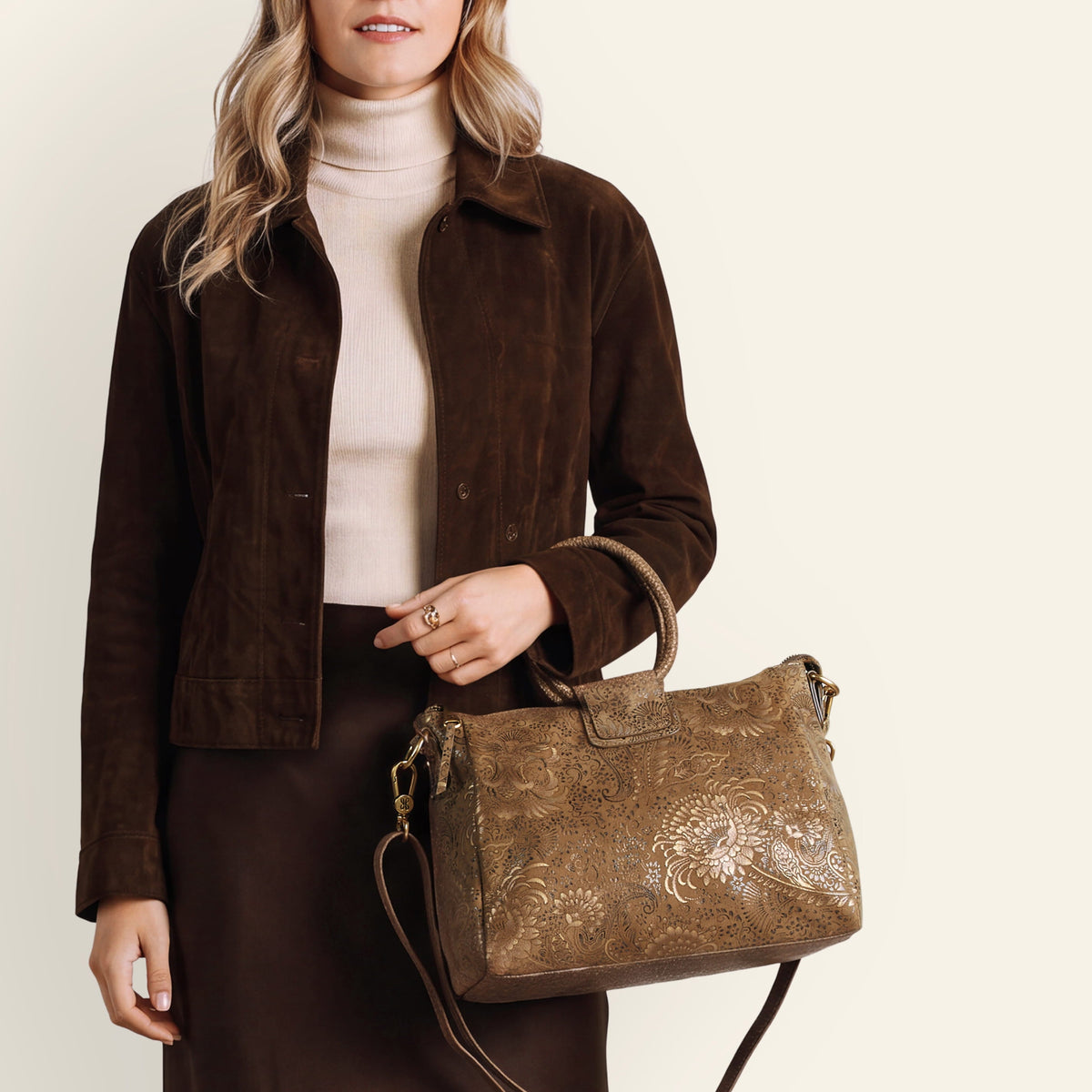 Sheila Medium Satchel In Printed Leather - Mink Folklore