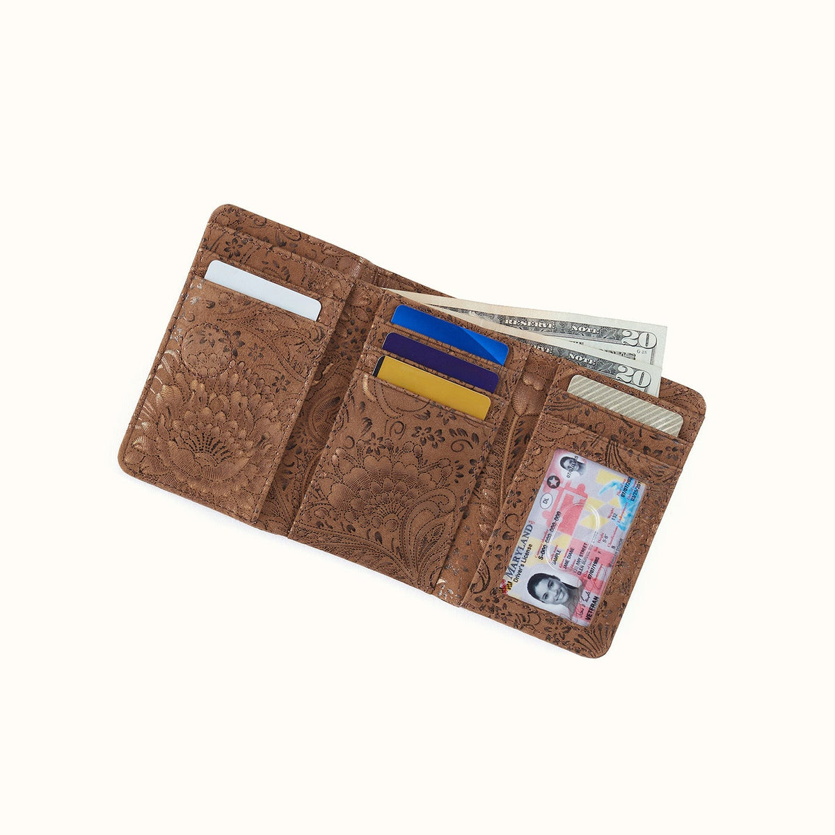 Jill Trifold Wallet In Printed Leather - Mink Folklore