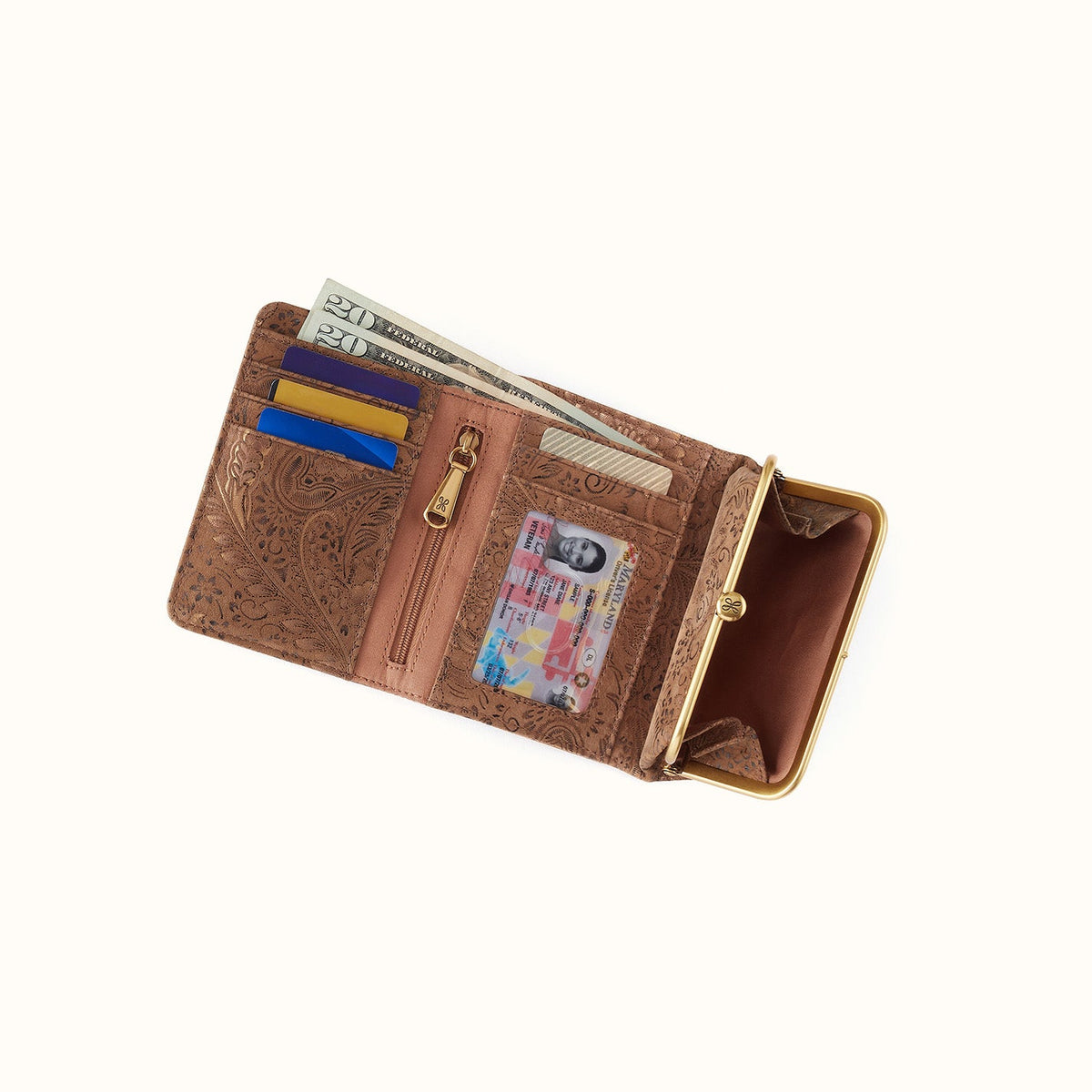 Robin Compact Wallet In Printed Leather - Mink Folklore